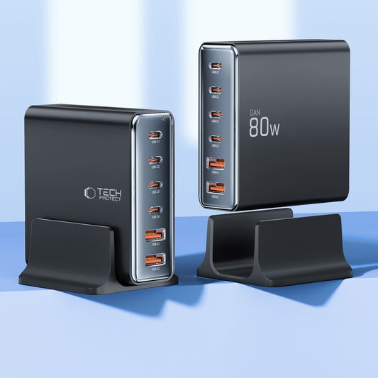 Laddningsstation Tech-Protect DC80W, 80W, 3A, 2 x USB-A - 4 x USB-C, Svart