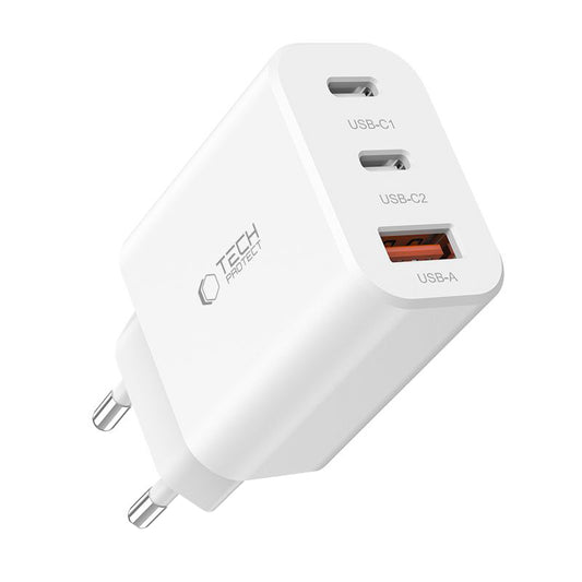 Nätverksladdare Tech-Protect NC30W, 30W, 3A, 1 x USB-A - 2 x USB-C, vit