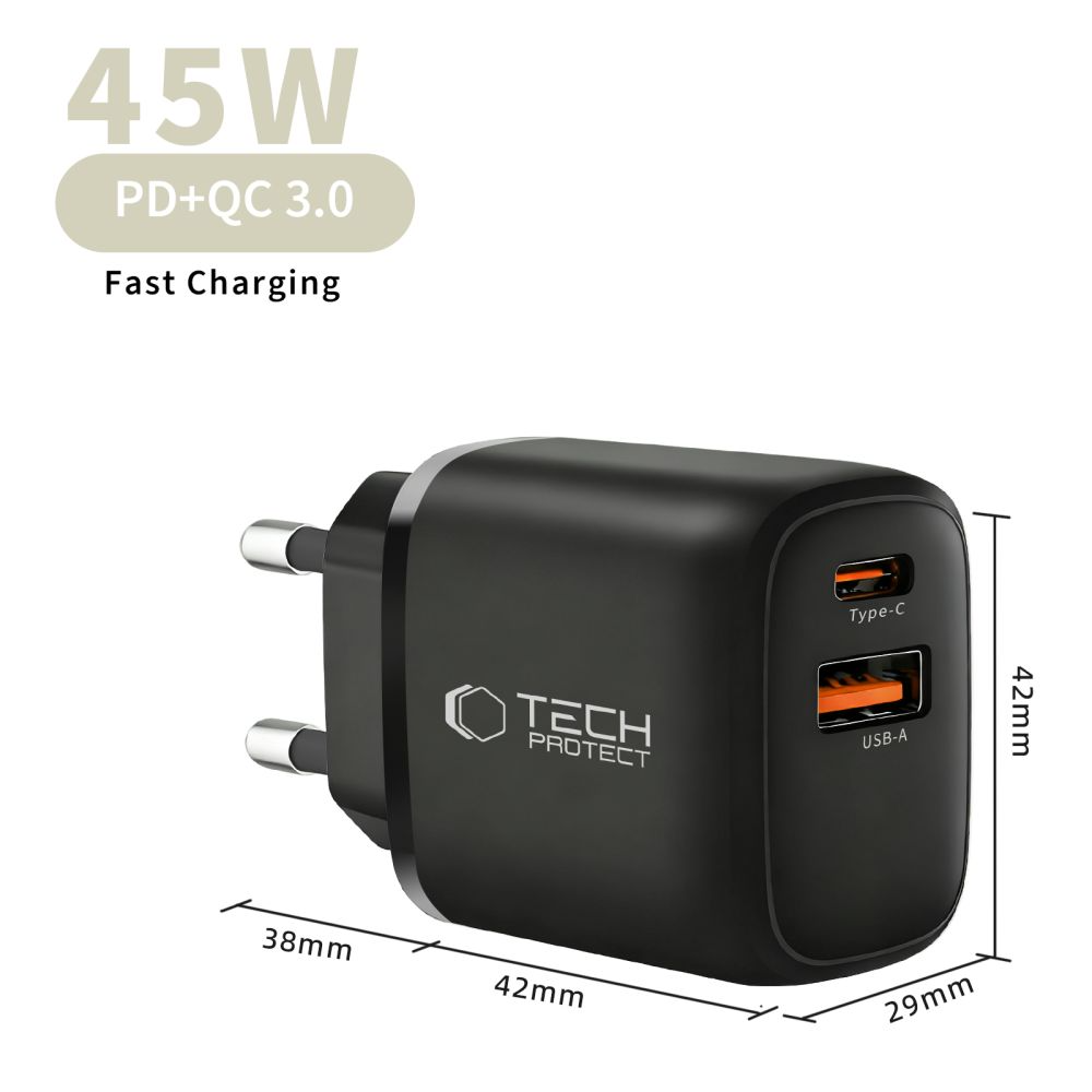 Nätverksladdare Tech-Protect NCA45W, 45W, 3A, 1 x USB-A - 1 x USB-C, Svart