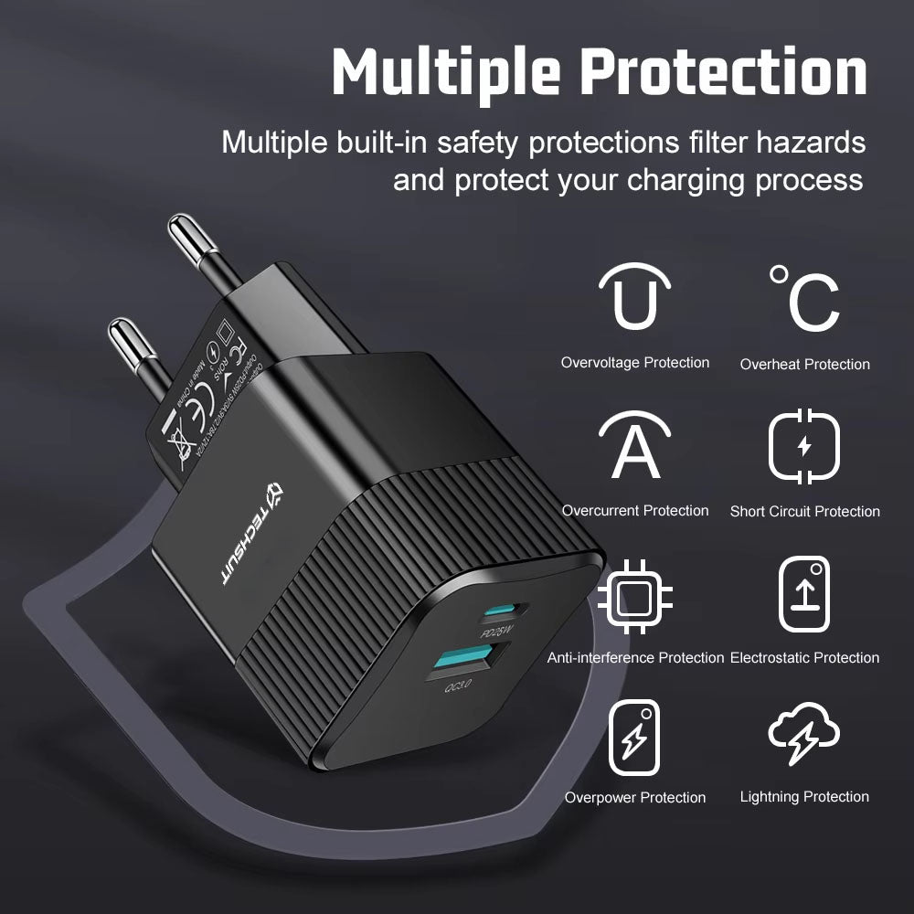 Techsuit CHPD216 Tiny Network Charger, 25W, 3A, 1 x USB-A - 1 x USB-C, Black