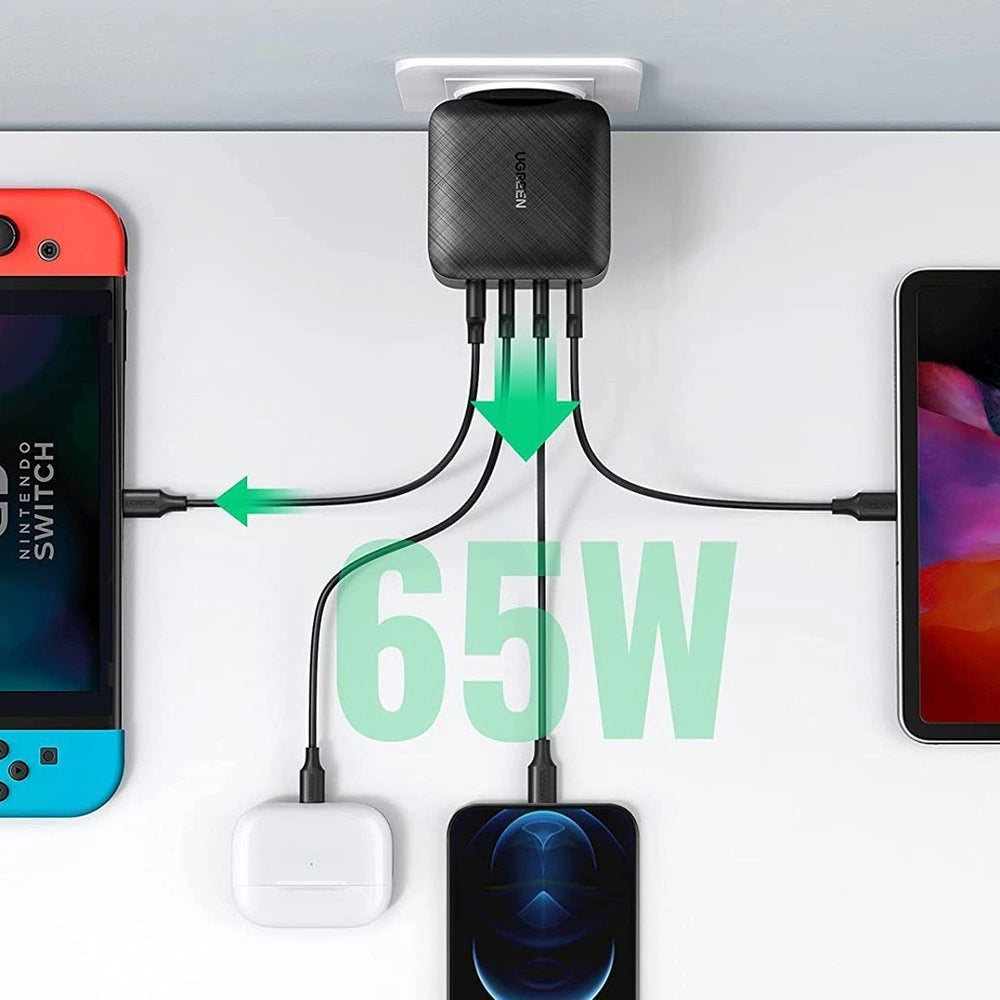 Nätverksladdare UGREEN CD104, 65W, 3A, 1 x USB-A - 3 x USB-C, Svart