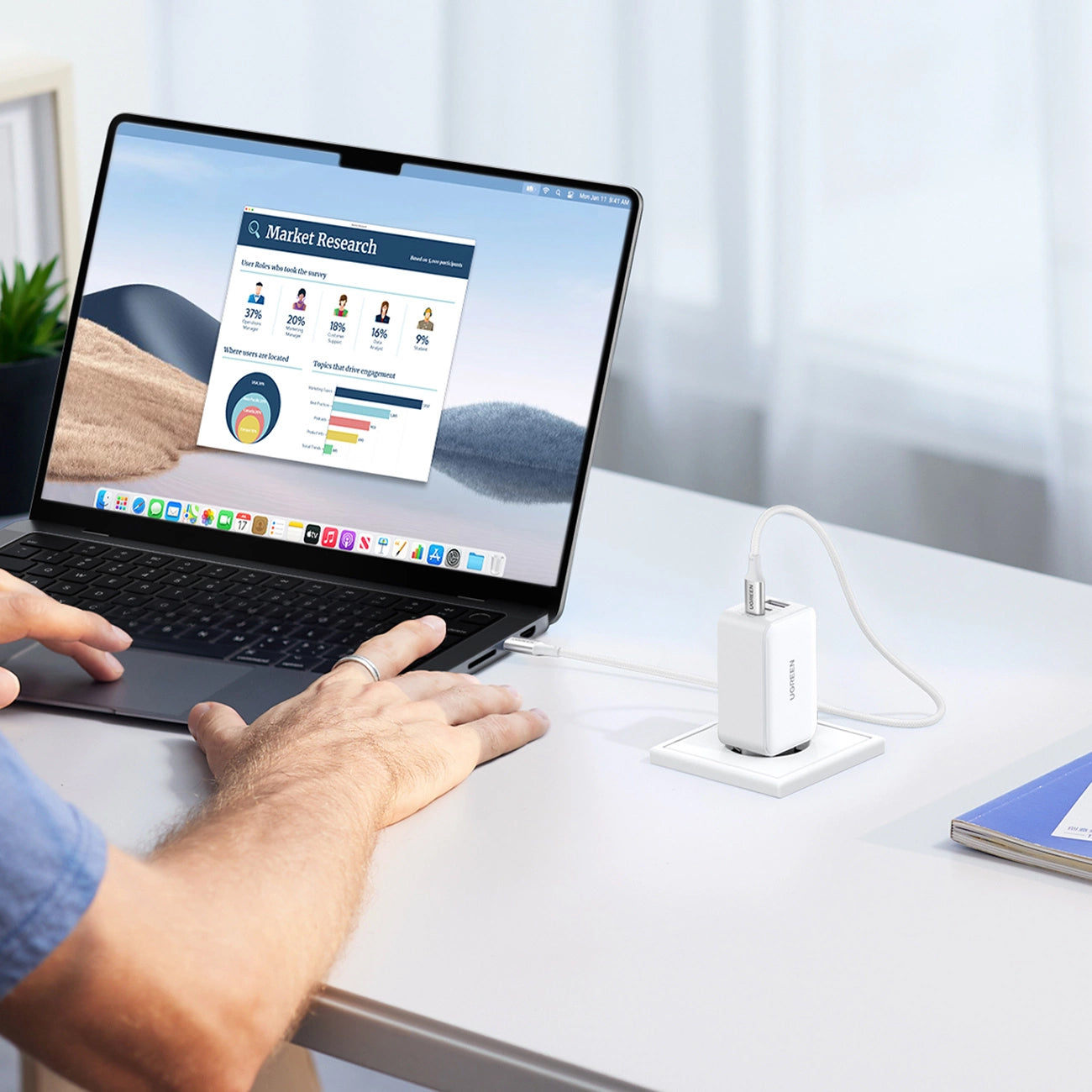 Network Charger UGREEN CD244, 65W, 3A, 1 x USB-A - 2 x USB-C, White