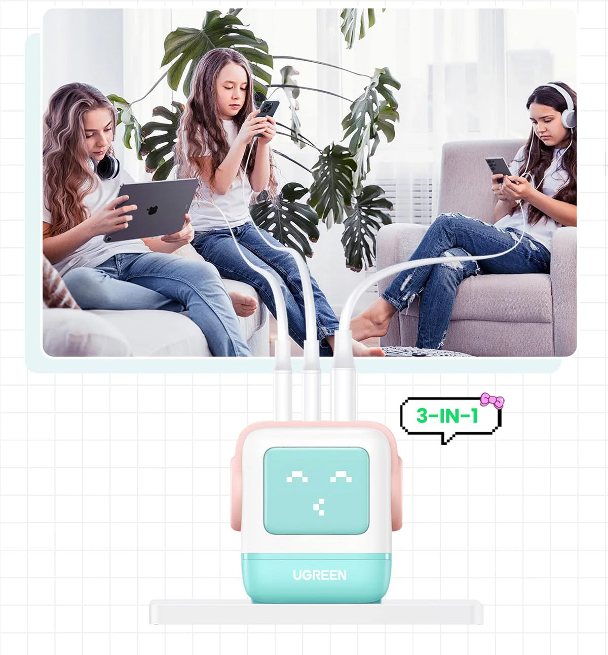 UGREEN CD361 Uno Nätverksladdare, 65W, 3.25A, 1 x USB-A - 2 x USB-C, Turkos