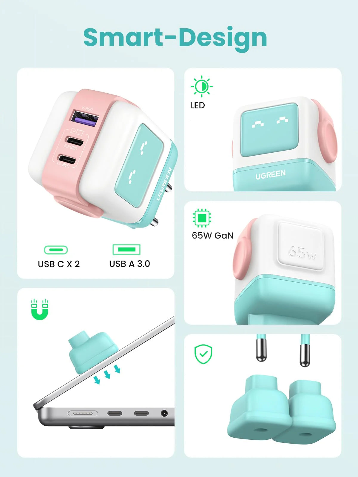 UGREEN CD361 Uno Nätverksladdare, 65W, 3.25A, 1 x USB-A - 2 x USB-C, Turkos