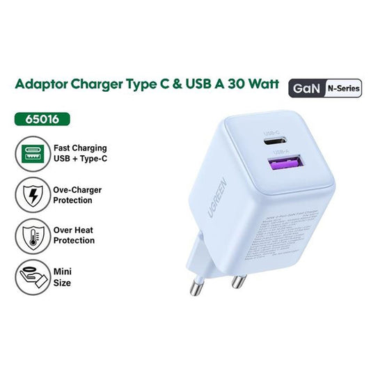 UGREEN X516 Nätverksladdare, 30W, 3A, 1 x USB-A - 1 x USB-C, Svart