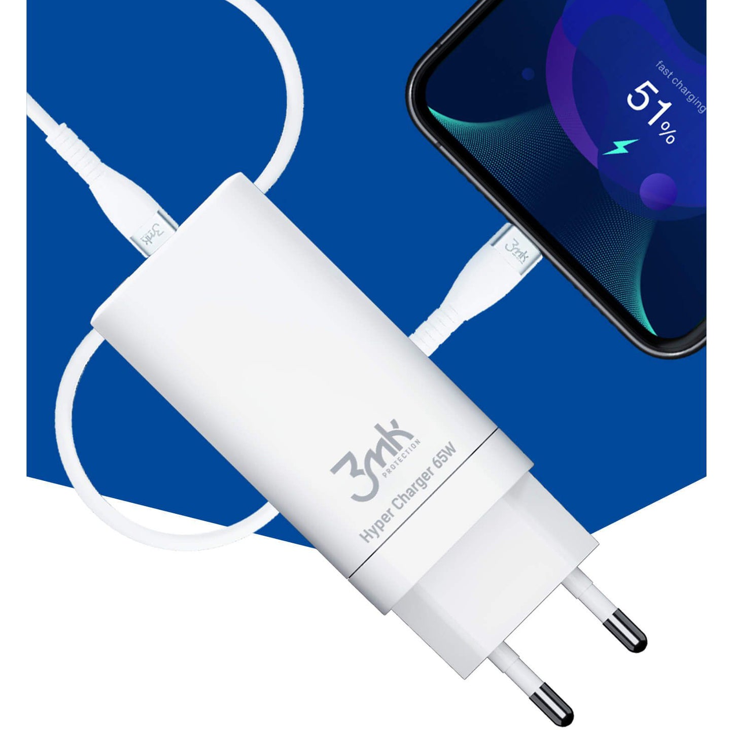 Nätadapter 3MK HyperCharger, 65W, 5A, 1 x USB-A - 2 x USB-C, Vit