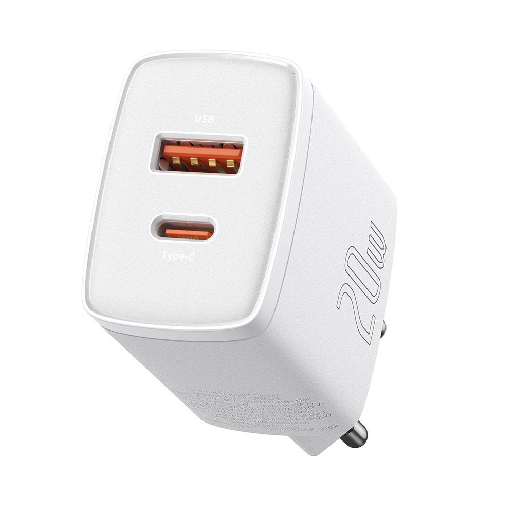 Baseus kompakt nätverksladdare, 20W, 3A, 1 x USB-A - 1 x USB-C, vit CCXJ-B02