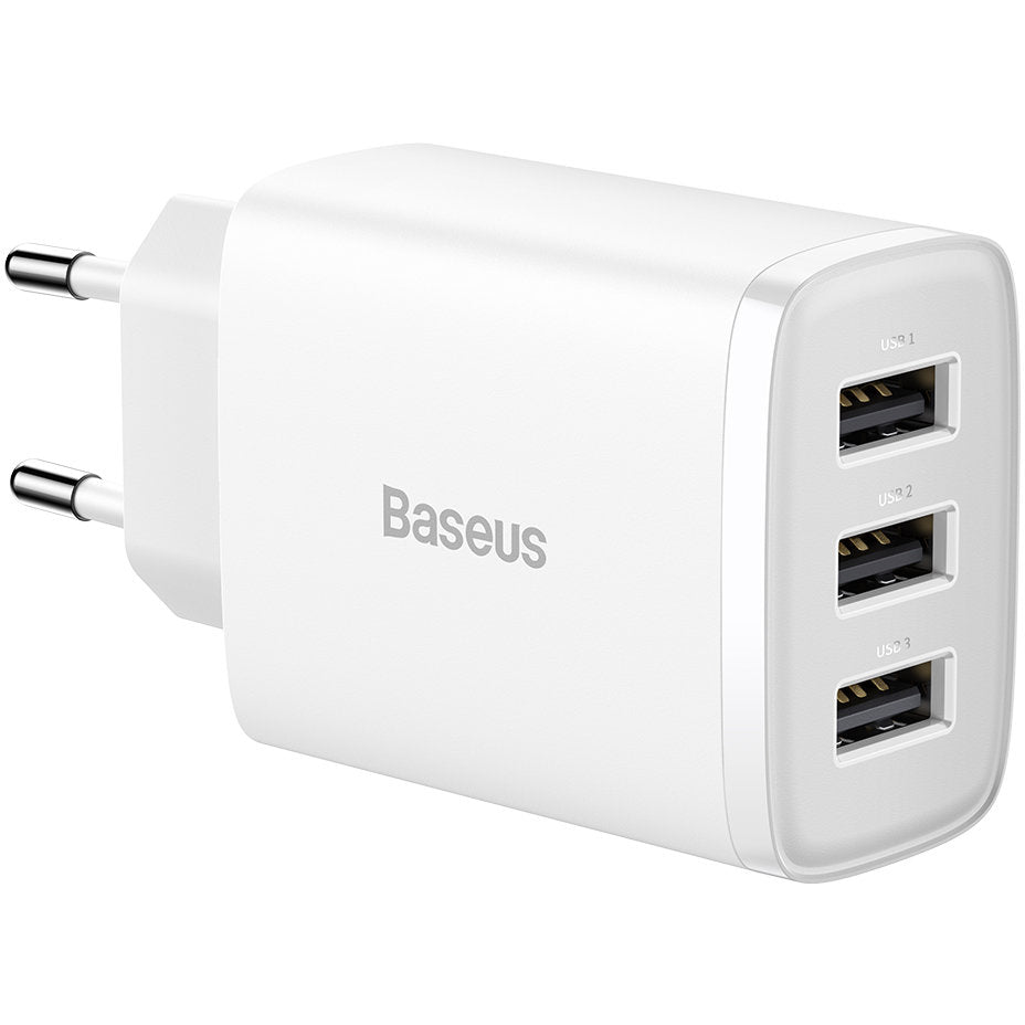 Baseus kompakt nätverksladdare 3U, 17W, 2,1A, 3 x USB-A, vit CCXJ020102