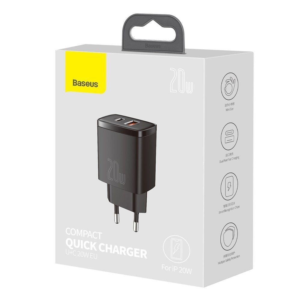 Baseus kompakt nätverksladdare, 20W, 3A, 1 x USB-A - 1 x USB-C, svart CCXJ-B01