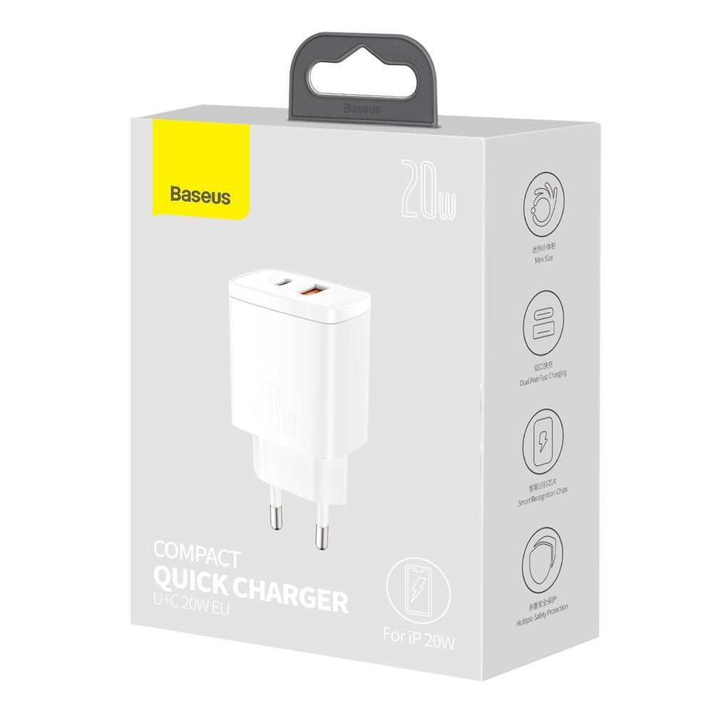 Baseus kompakt nätverksladdare, 20W, 3A, 1 x USB-A - 1 x USB-C, vit CCXJ-B02