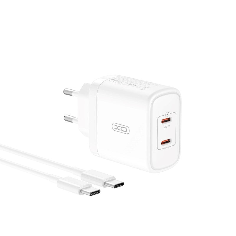 Nätverksladdare med USB-C-kabel XO Design CE08, 50W, 3A, 2 x USB-C, Vit