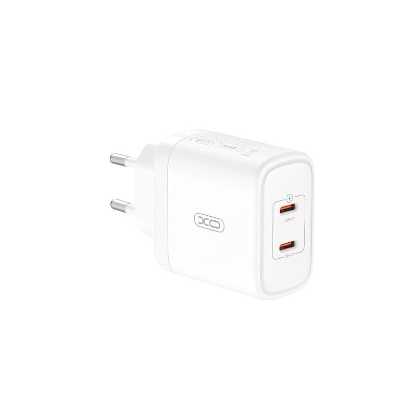 Nätverksladdare med USB-C-kabel XO Design CE08, 50W, 3A, 2 x USB-C, Vit