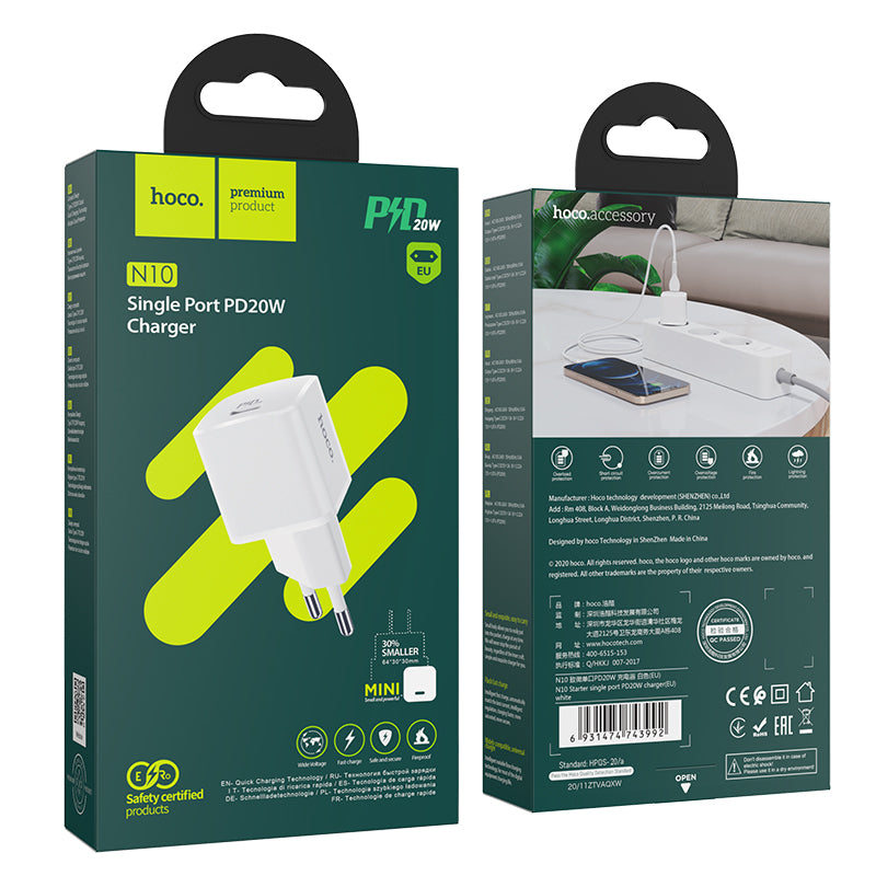 Nätverksladdare HOCO N10, 20W, 3A, 1 x USB-C, Vit