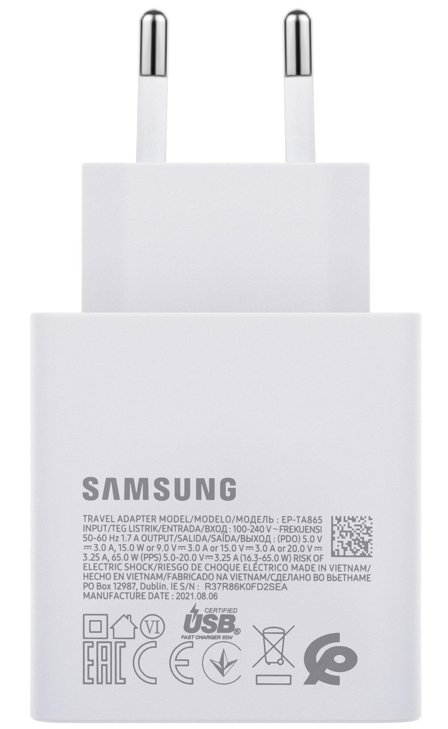 Nätverksladdare Samsung EP-TA865W, 65W, 3,25A, 1 x USB-C, Vit GP-PTU020SODWQ GP-PTU020SODWQ