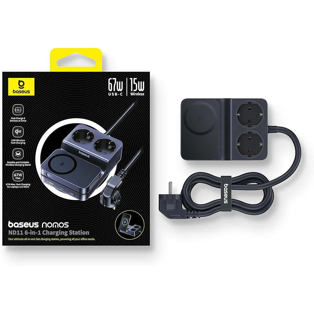 Baseus Nomos ND11 QI 6in1 laddningsstation, 67W, 3.35A, 1 x USB-A - 2 x USB-C - 2 x Schuko, Svart P80015804213-00