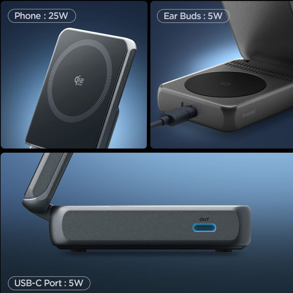 Trådlös Nätverksladdare Spigen EF302MOQ 3in1, 25W, 1 x USB-C, Grå