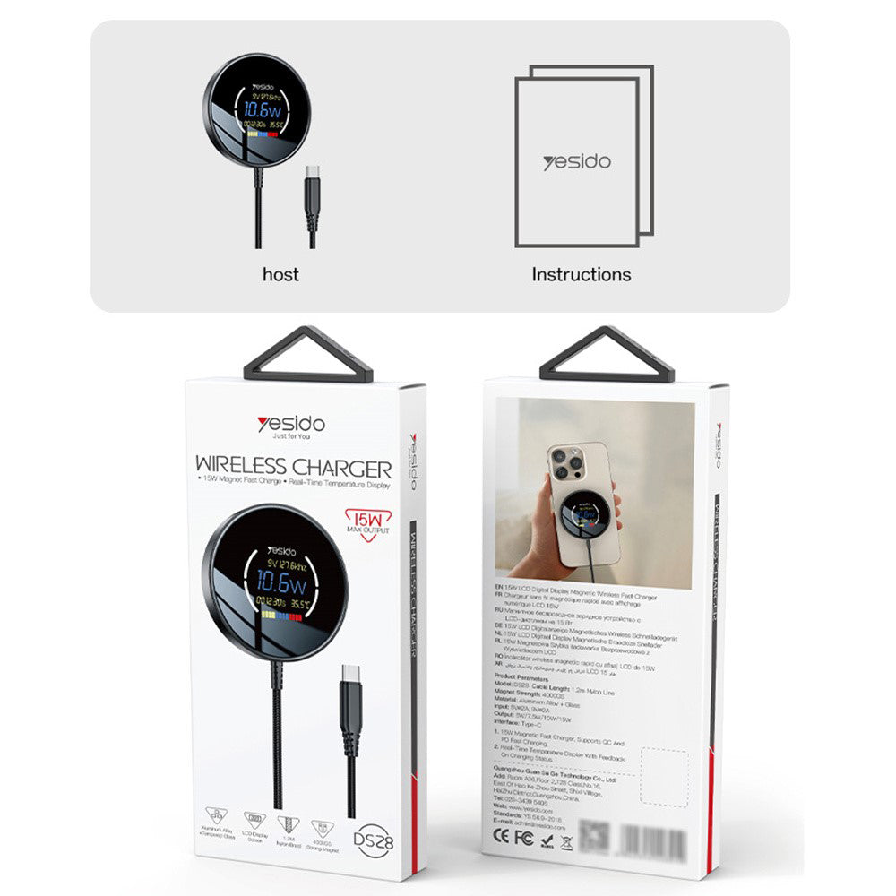 Trådlös nätverksladdare Yesido DS28 Display, 15W, 1.67A, Svart