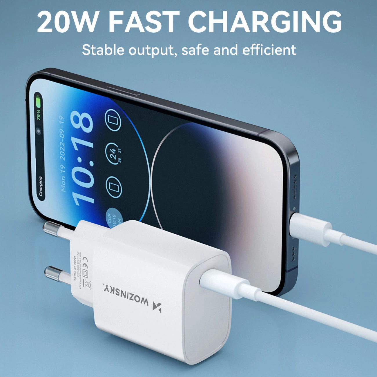 Nätadapter WZK WGWCCW, 20W, 3A, 1 x USB-C, Vit