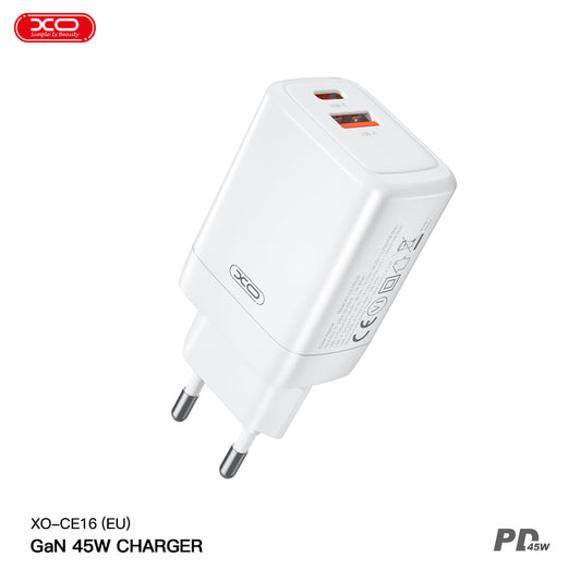 Nätverksladdare XO Design CE16, 45W, 3A, 1 x USB-A - 1 x USB-C, Vit