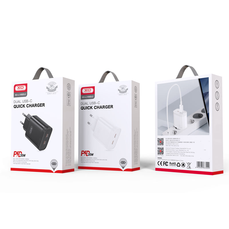 Nätverksladdare XO Design L105, 35W, 3A, 2 x USB-C, Vit