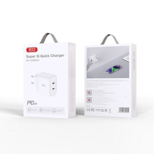 Nätverksladdare XO Design CE08, 50W, 3A, 2 x USB-C, Vit