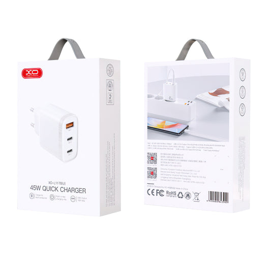 Nätverksladdare XO Design L117, 45W, 3A, 1 x USB-A - 2 x USB-C, vit