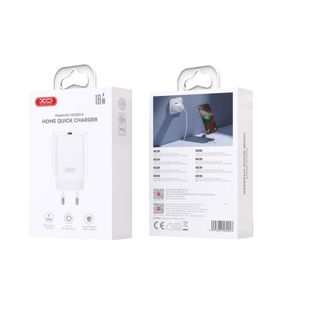 Nätverksladdare XO Design CE33, 18W, 3A, 1 x USB-A, Vit