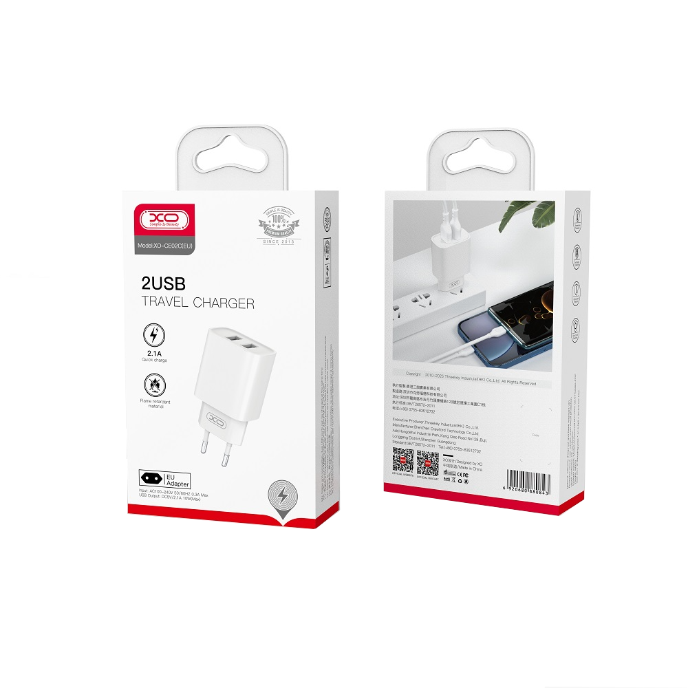 XO Design CE02C Network Charger, 10.5W, 2.1A, 2 x USB-A, White