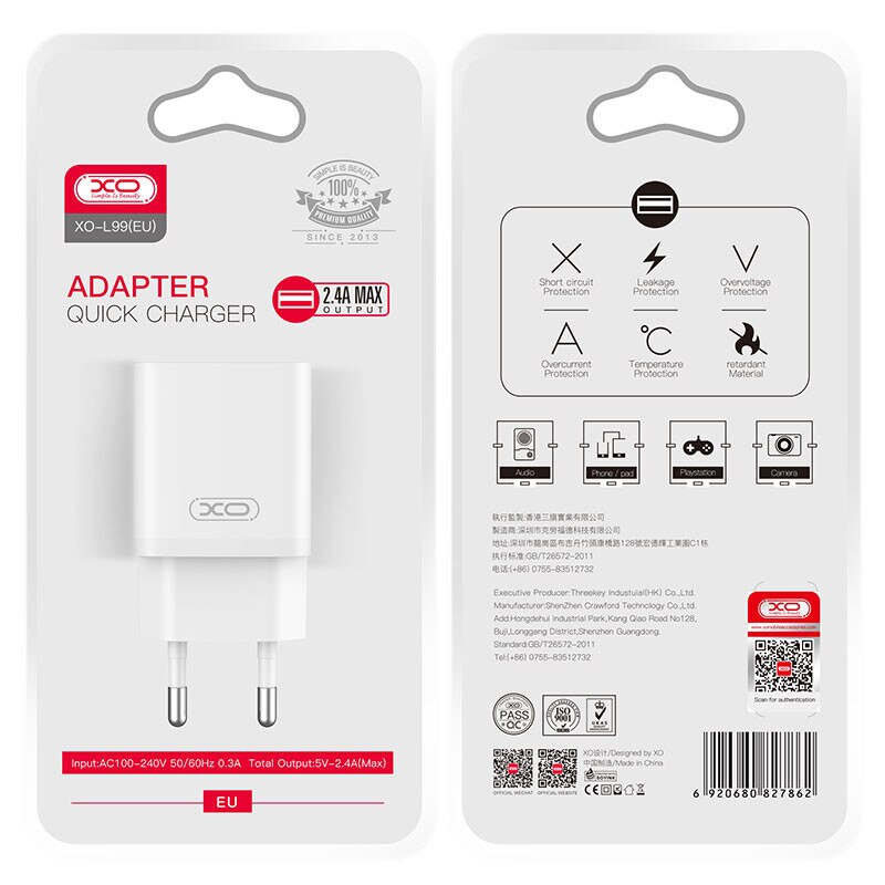 Nätadapter XO Design L99, 12W, 2.4A, 1 x USB-A, Vit