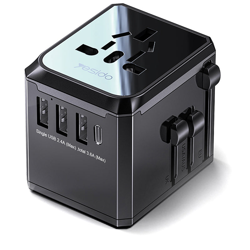 Yesido MC10 Travel Network Charger, 12W, 2.4A, 1 x USB-C - 3 x USB-A, Black