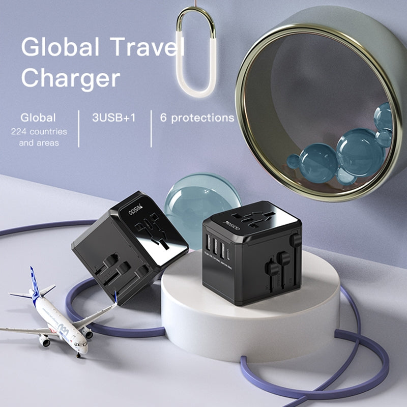 Yesido MC10 Travel Network Charger, 12W, 2.4A, 1 x USB-C - 3 x USB-A, Black