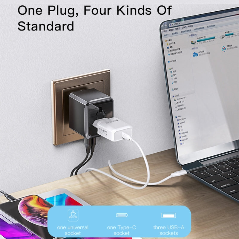 Yesido MC10 Travel Network Charger, 12W, 2.4A, 1 x USB-C - 3 x USB-A, Black