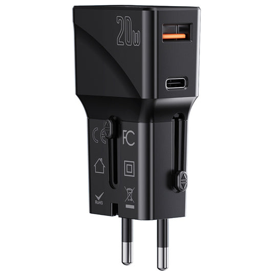 Nätverksladdare Yesido MC17 Travel, 20W, 3A, 1 x USB-A - 1 x USB-C, Svart