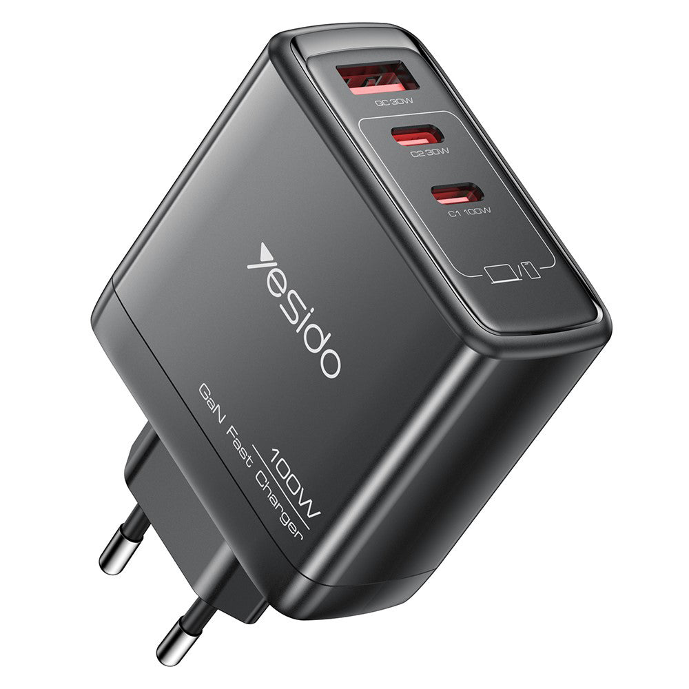 Nätverksladdare Yesido YC142, 100W, 5A, 1 x USB-A - 2 x USB-C, Svart
