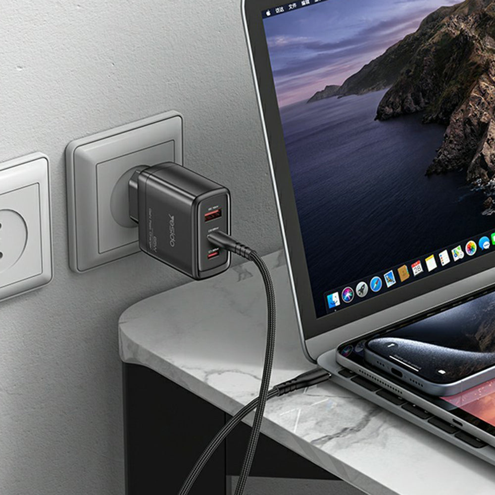 Nätverksladdare Yesido YC144, 65W, 3.25A, 1 x USB-A - 2 x USB-C, Svart