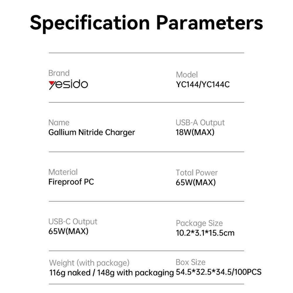 Nätverksladdare Yesido YC144, 65W, 3.25A, 1 x USB-A - 2 x USB-C, Svart