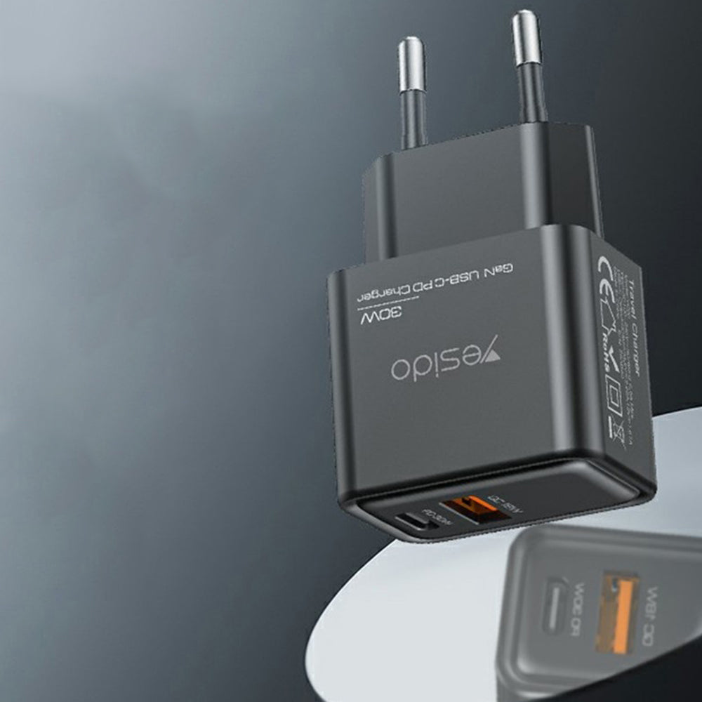 Nätverksladdare Yesido YC64, 30W, 3A, 1 x USB-A - 1 x USB-C, Svart