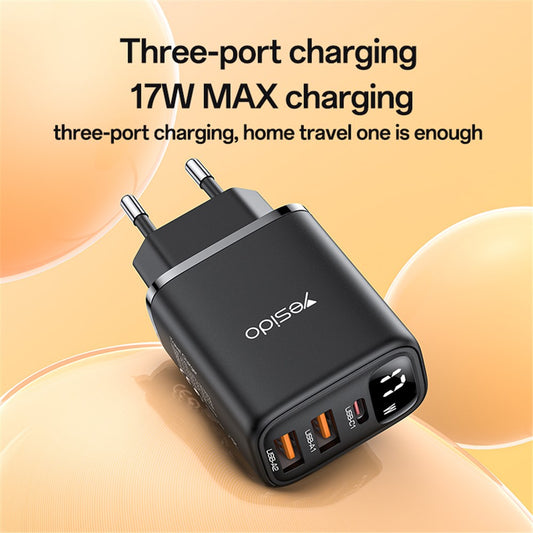 Nätverksladdare Yesido YC67 Display, 17W, 2.4A, 2 x USB-A - 1 x USB-C, Svart