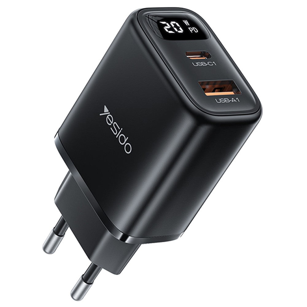 Nätverksladdare Yesido YC68, 20W Display, 3A, 1 x USB-A - 1 x USB-C, Svart