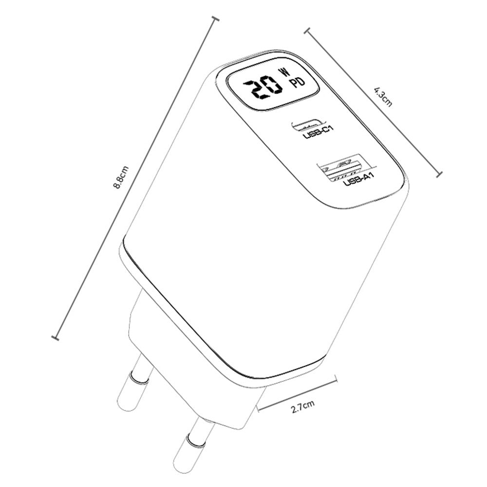 Nätverksladdare Yesido YC68, 20W Display, 3A, 1 x USB-A - 1 x USB-C, Svart