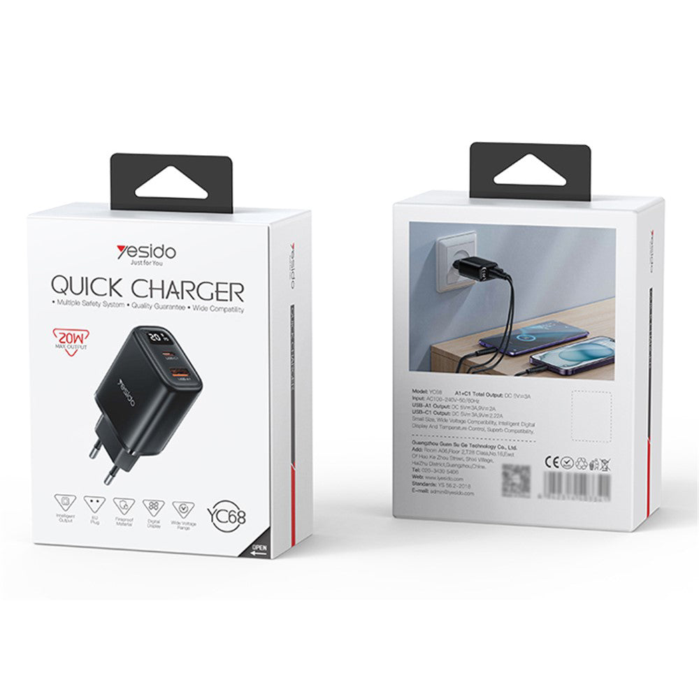 Nätverksladdare Yesido YC68, 20W Display, 3A, 1 x USB-A - 1 x USB-C, Svart