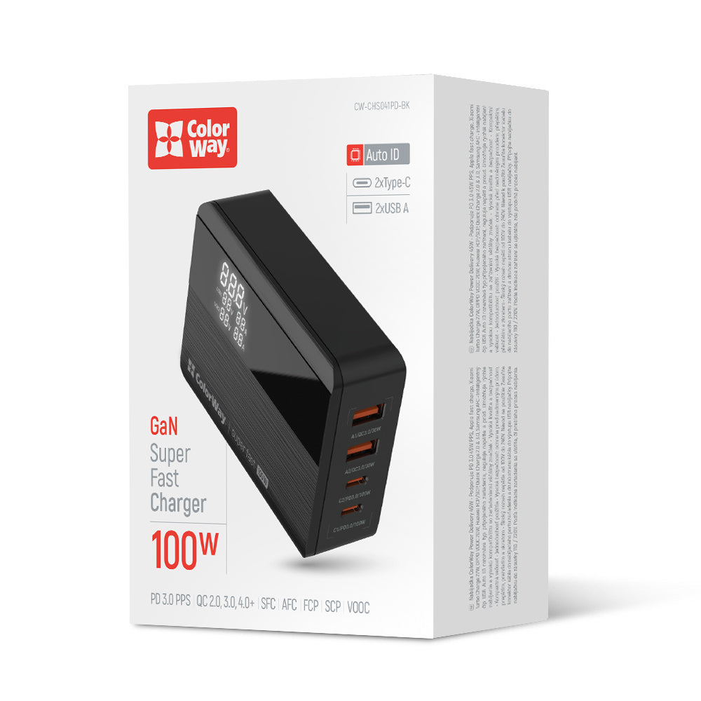 ColorWay Display Charging Station, 100W, 5A, 2 x USB-A - 2 x USB-C, Black