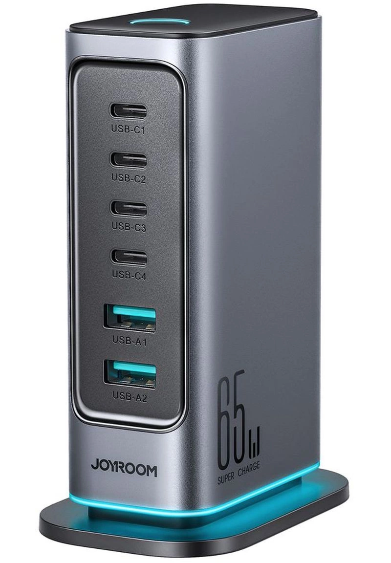 Joyroom JR-TCM02 UK laddstation, 65W, 3,25A, 2 x USB-A - 4 x USB-C, Grå