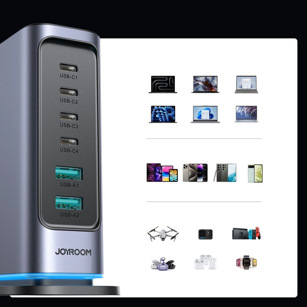 Joyroom JR-TCM02 UK laddstation, 65W, 3,25A, 2 x USB-A - 4 x USB-C, Grå