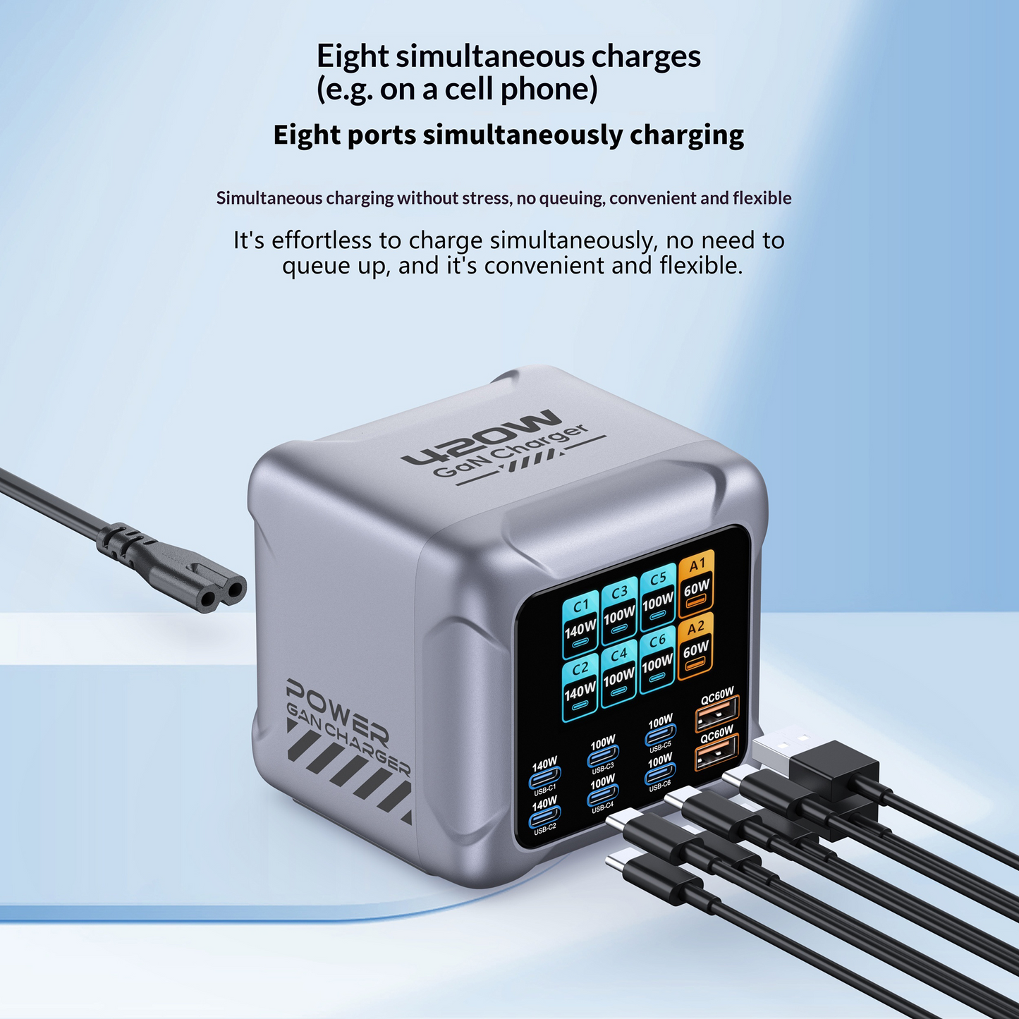 OEM-laddstation BK-126D, 140W, 5A, 2 x USB-A - 6 x USB-C, Grå