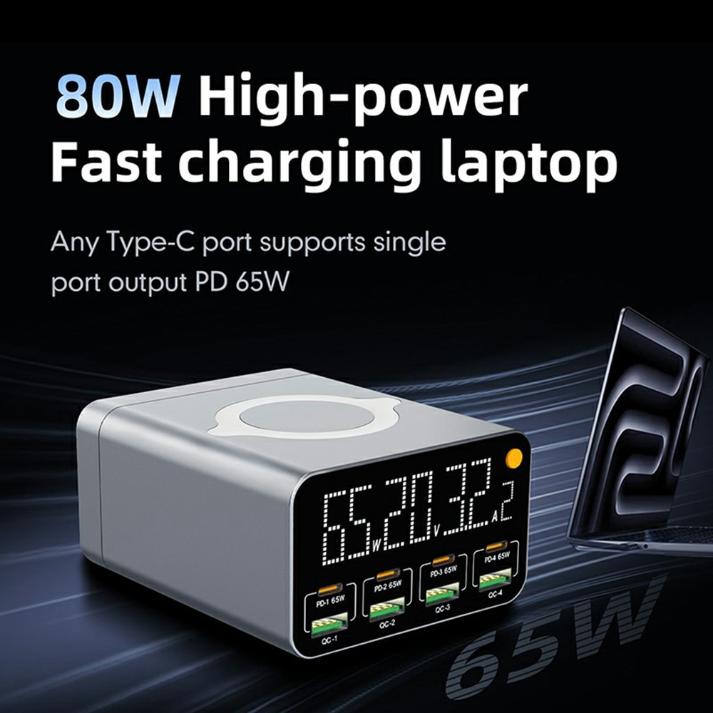 OEM WLX-M3 QI laddstation, 80W, 4 x USB-A - 4 x USB-C, Grå