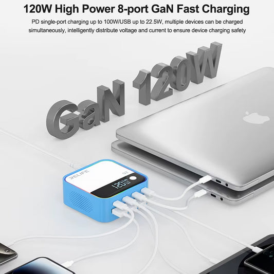 Relife Q2 laddningsstation, 120W, 5A, 4 x USB-A - 4 x USB-C, Blå