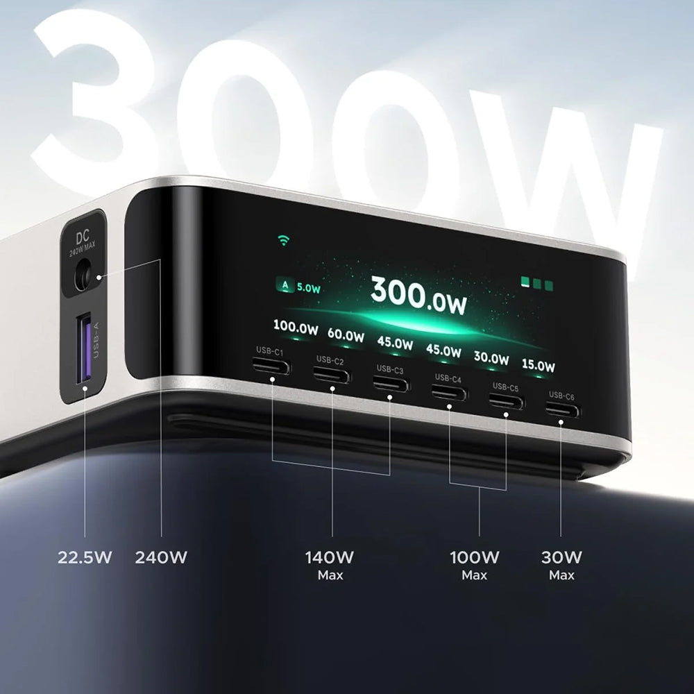 Laddningsstation UGREEN Nexode Pro X783 (75753B) med display, 300 W, 5 A, 1 x USB-A – 6 x USB-C – 1 x DC, grå