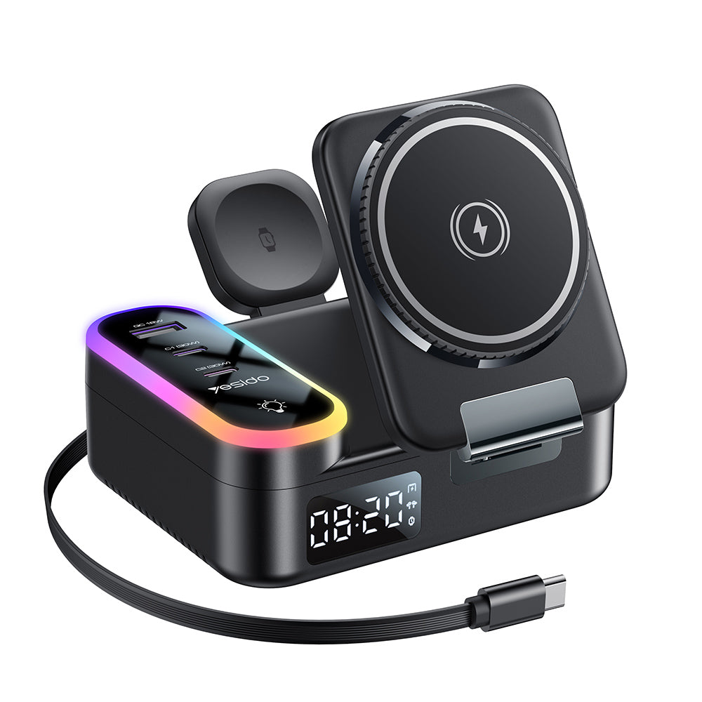 Laddstation Yesido DS38 Display QI 3in1, 65W, 3A, 1 x USB-A - 2 x USB-C, Svart