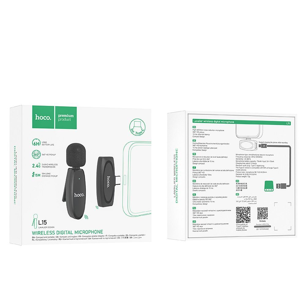 Lavaliermikrofon HOCO L15, USB-C, Svart